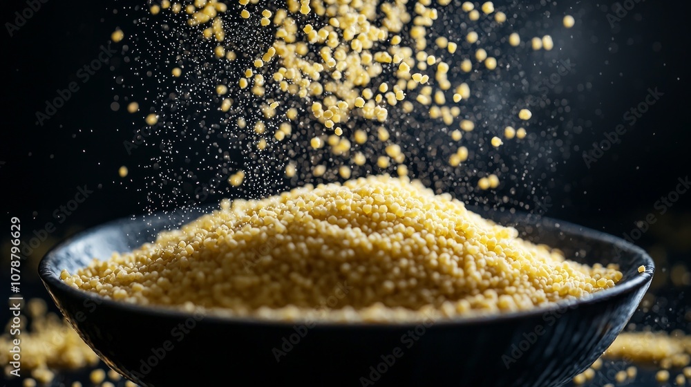 Poster couscous groats are elegantly suspended mid air dark surface highlighting their distinct separation 