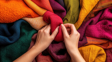 Creating vibrant textile collection, designer examines colorful fabric samples in studio filled with rich textures and hues