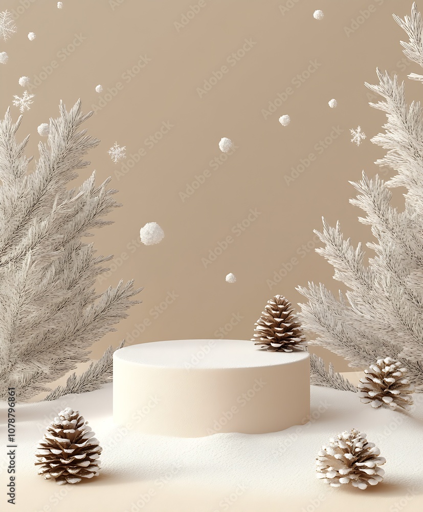 Poster winter wonderland scene with snowflakes and pine elements in elegant neutrals : generative ai