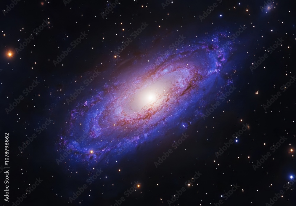 Poster spiral galaxy with bright stars and dark space in the background, digital rendering of galaxy in dee