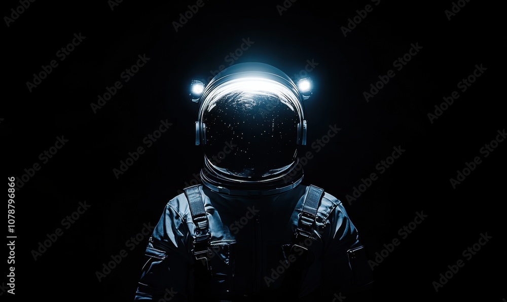 Leinwandbilder a dark space background with an astronaut wearing a helmet and lights on the front, symmetrical comp
