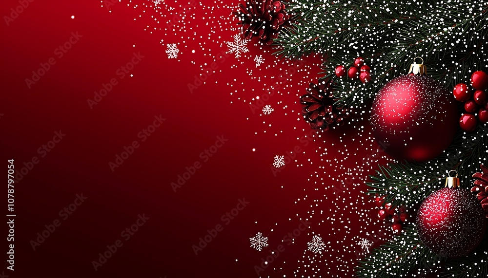 Poster elegant red christmas background with ornaments and festive pine branches : generative ai