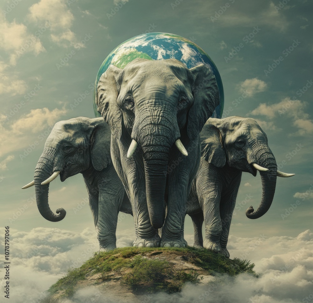 Poster The planet Earth is supported on the backs of three elephants.