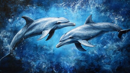 Fototapeta premium Two dolphins leap through the blue water, their bodies silhouetted against the bright sky.