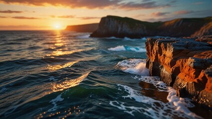 Dramatic sunset over the ocean with rocky cliffs and crashing waves.