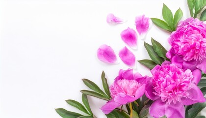 Fototapeta premium Closeup of Blooming Peony Flowers and Petals Isolated on White Background. Top View of Flower with Empty Space.