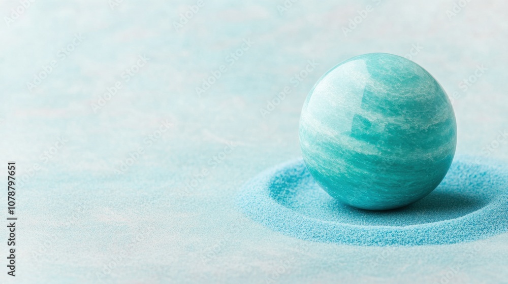 Poster a smooth, turquoise sphere rests on a subtle sand-like surface, creating a serene and minimalist aes