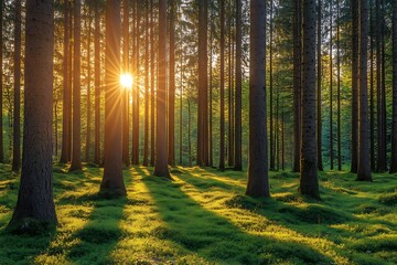 Sunbeams Through Forest Trees - Photo