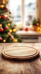 Obraz premium Festive wooden cutting board on rustic table with blurred Christmas tree and window in background, creating warm holiday atmosphere at home.