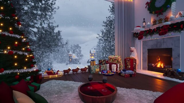 Warm, cozy atmosphere by the burning fireplace on the eve of Christmas and New Year against the backdrop of snow-capped mountains and snowfall. 3D animation.