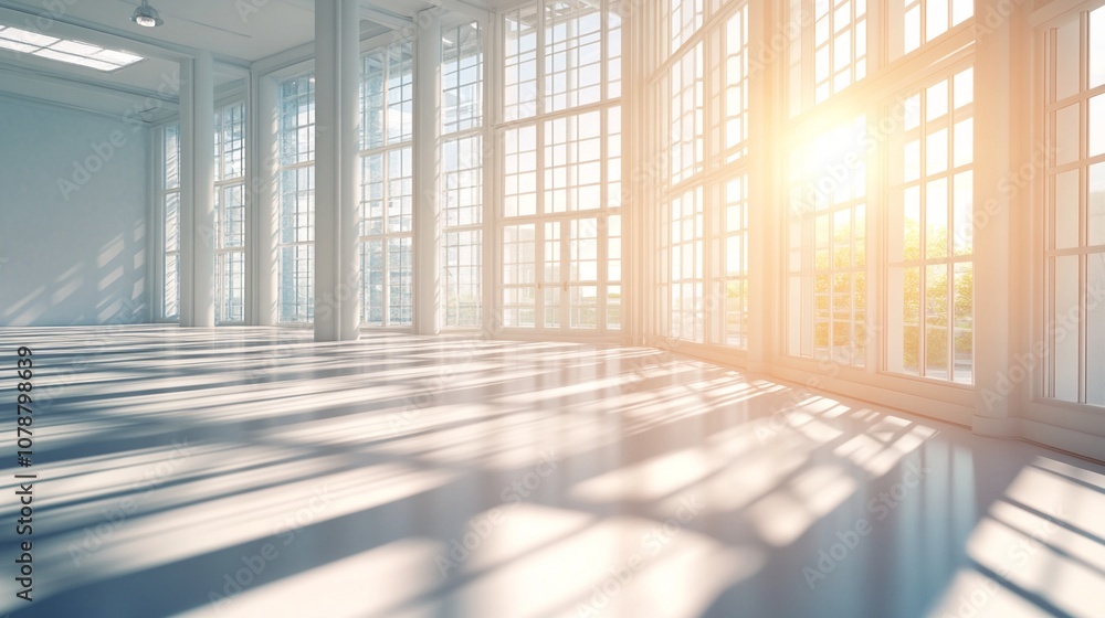 Poster sunlight streams through expansive windows, casting long shadows across a pristine white floor in a 