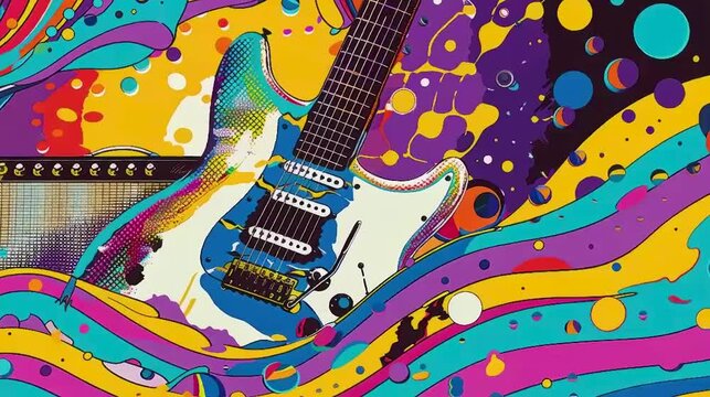 pop art 60s psychedelic colorful trippy retro style image of an electric guitar and amplifier with music coming out of it in fat colorful waves and dance party atmosphere background