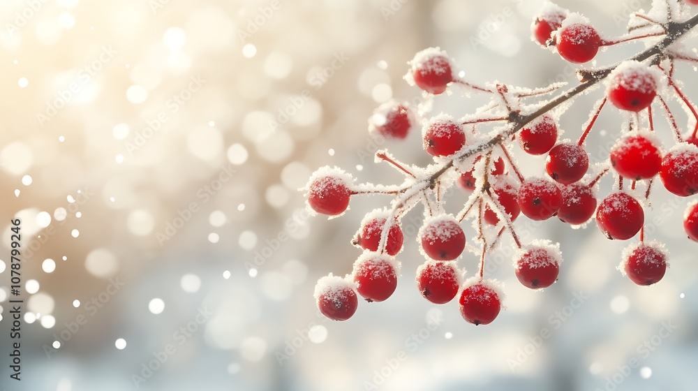Aufkleber delicate snow dusted berries on tree branch in winter : generative ai