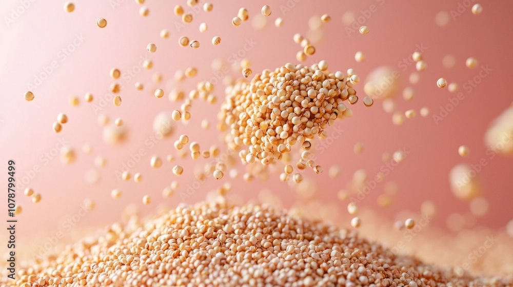Poster quinoa groats are displayed mid air vivid backdrop highlighting their unique shapes and textures as 