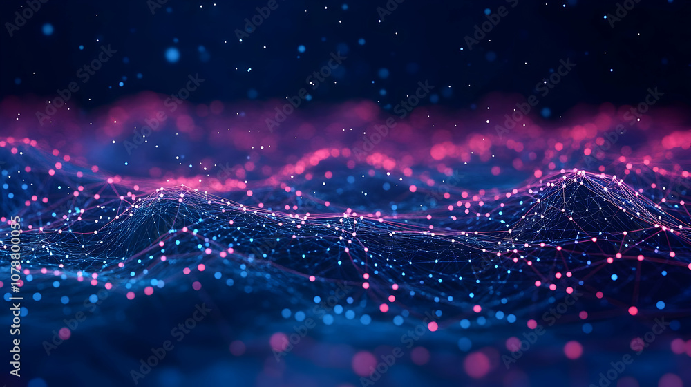 Poster abstract 3d digital network with pink and blue glowing nodes connected by lines on dark background