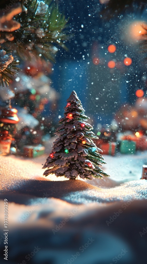 Poster magical miniature christmas scene with a snow-dusted evergreen tree adorned with tiny lights, surrou