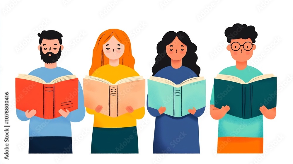 Poster group of people reading books in a quiet library setting