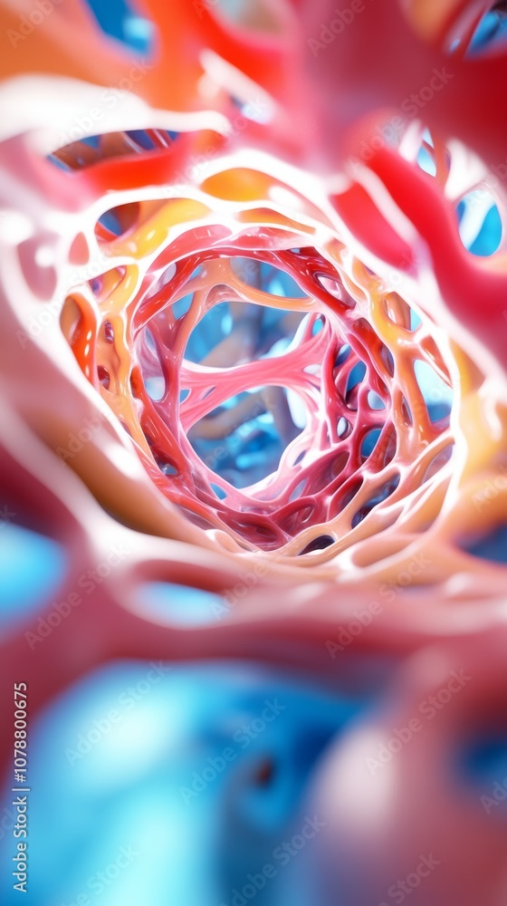 Poster colorful abstract structure resembling a cellular network in a vibrant, fluid design with swirling s