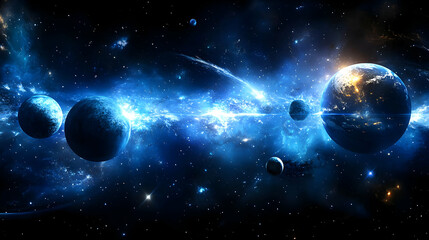 A Cosmic Dance of Planets and Stars in a Vibrant Blue Nebula with a Glowing Stream of Light