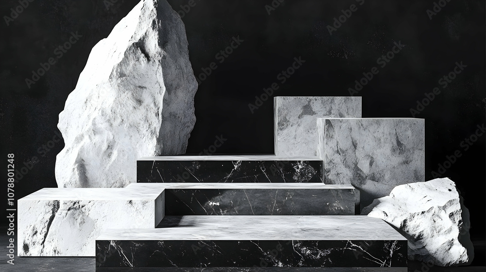 Poster abstract 3d rendering of stone platforms and rocks against a black background