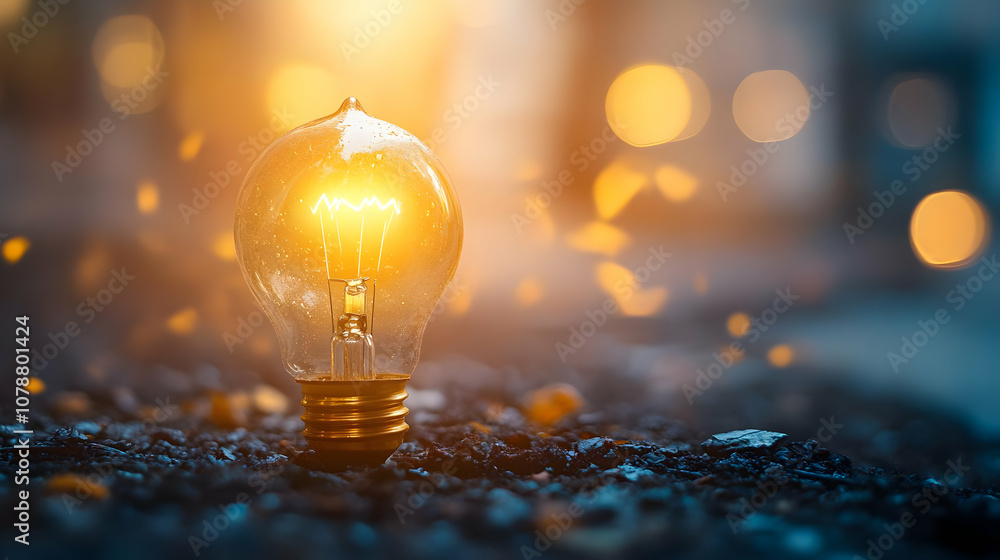 Poster a single illuminated light bulb stands out against a blurred background of golden bokeh lights, repr