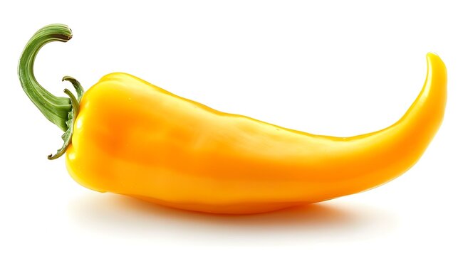 A vibrant yellow chili pepper resting on a white background, showcasing its smooth texture and bright color in sharp contrast
