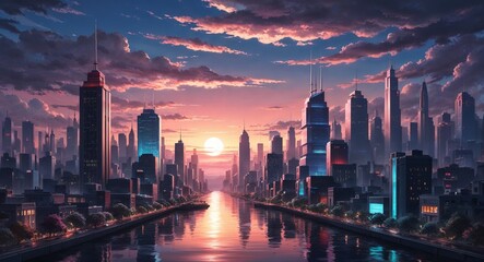 Fototapeta premium Anime city sunset warm colors calm skyline peaceful view