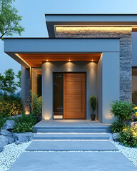 Modern house entrance with stone wall, wooden door, and lighting.