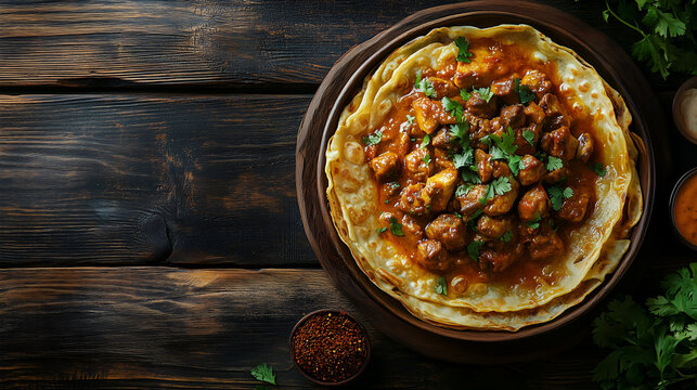 kerala parotta served with mutton sukka placed on a wooden table shot from above, text space
