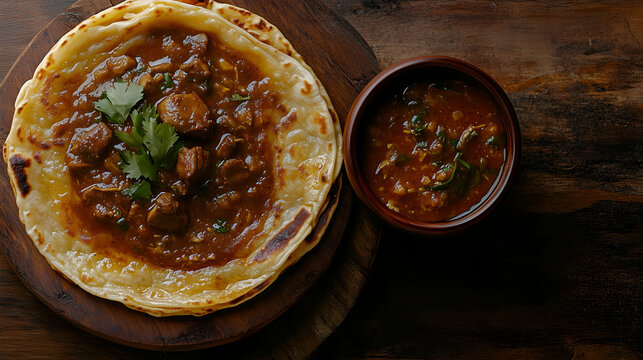 kerala parotta served with mutton sukka placed on a wooden table shot from above, text space