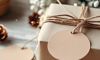 Simple, rustic gift wrapped in kraft paper with a twine bow and blank round tag, ideal for holidays or special occasions