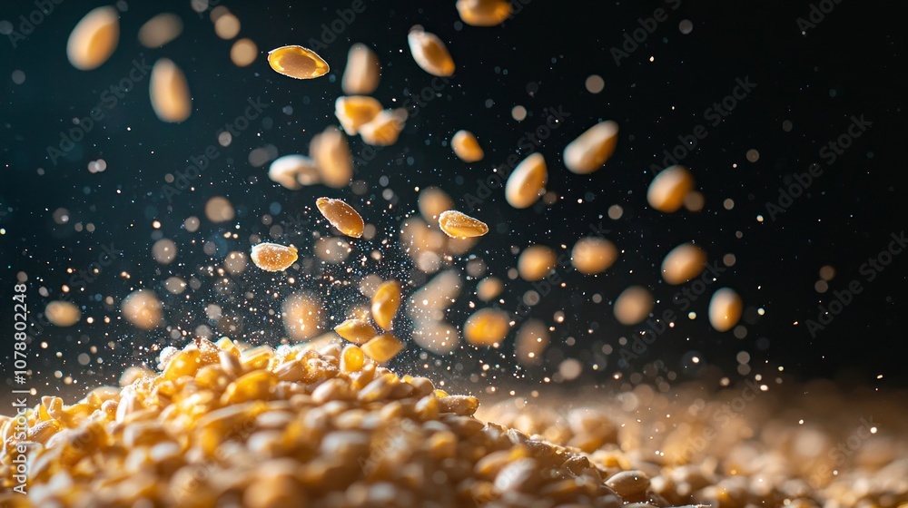 Poster wheat groats float individually mid air creating mesmerizing view dark backdrop highlighting their d