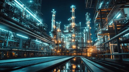 A futuristic industrial complex illuminated at night, showcasing advanced technology and machinery.