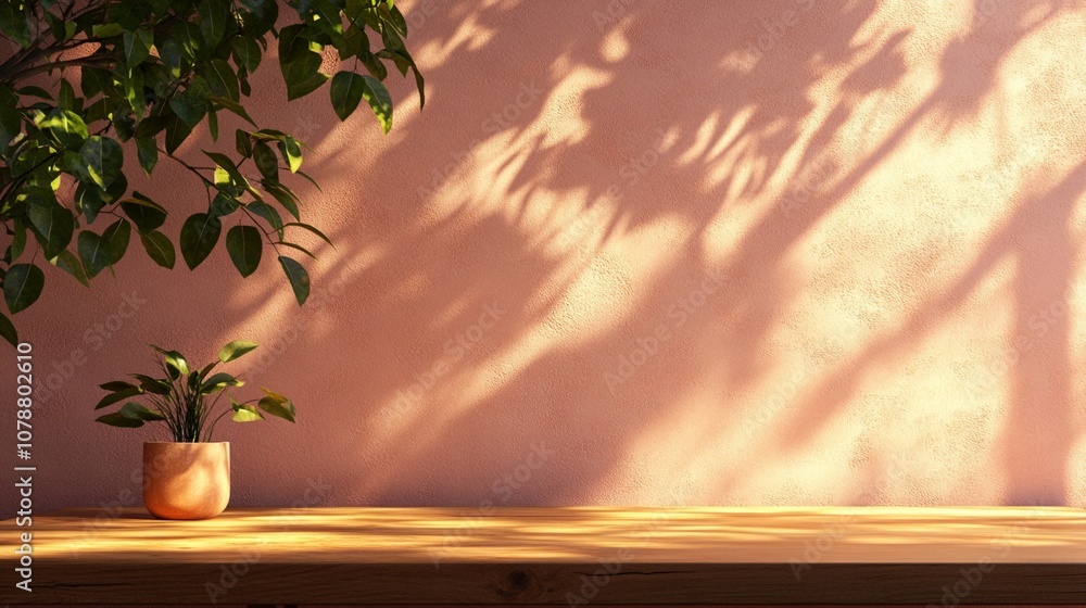 Poster sunlight casts intricate leaf shadows on a pink wall, creating a mesmerizing interplay of light and 