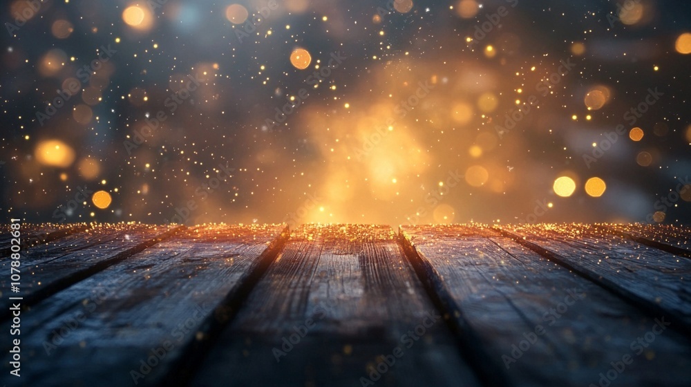 Poster magical wooden deck illuminated by golden bokeh lights and sparkling particles, creating a dreamy an