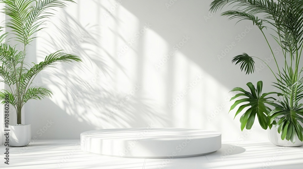 Poster minimalist white podium surrounded by lush tropical plants, creating a serene and elegant display sp
