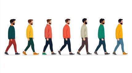 Diverse Group of Stylized People Walking Together on Isolated Background in Flat Design