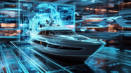 A futuristic yacht design displayed in a digital interface with holographic elements.