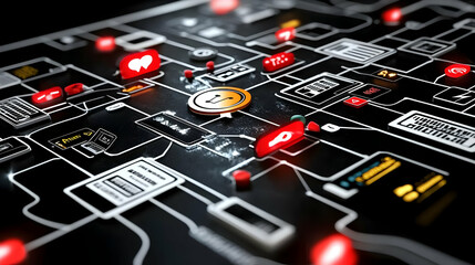 3D Illustration of a Network System with Interconnected Nodes,  Representing a Complex Web of Connections