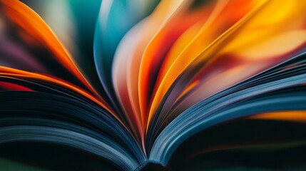 Vibrant pages of an open book fan out in a mesmerizing array of colors, creating a dynamic and artistic composition that symbolizes knowledge and creativity.