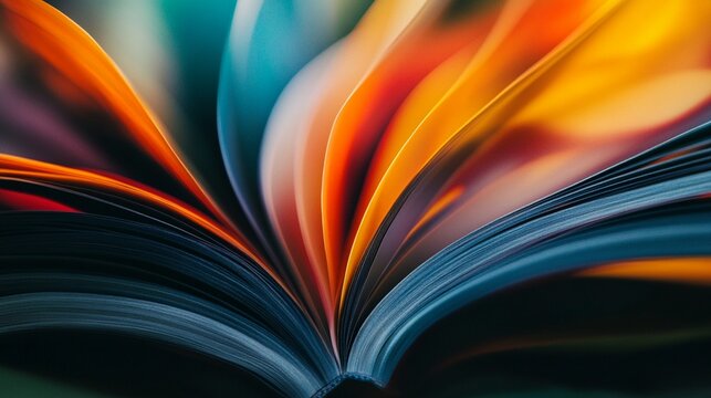 Vibrant pages of an open book fan out in a mesmerizing array of colors, creating a dynamic and artistic composition that symbolizes knowledge and creativity.