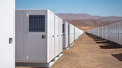 A row of large white energy storage containers set against a desert landscape, showcasing modern technology in renewable energy systems.