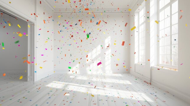 Confetti falling gracefully over minimalist white baf dcaad generated illustration