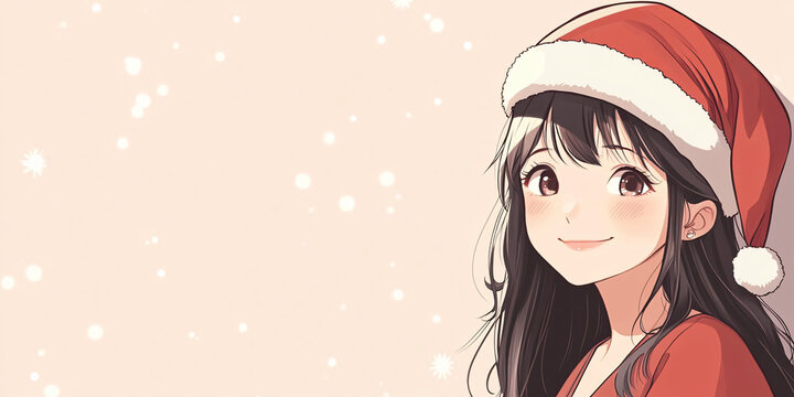 Girl with Santa Claus hat anime style, copy space, merry christmas concept