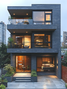 Fototapeta Modern three-story house with a dark exterior, large windows, and a patio.