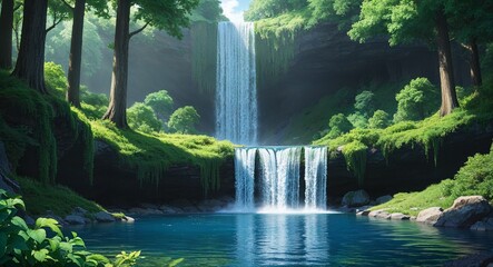 Anime forest waterfall cascading water serene vibes lush greenery