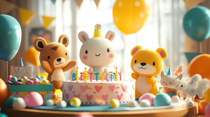Super Cute 3D Animals celebrating Birthday Party.