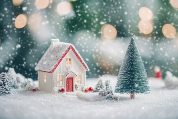 A fairytale house, covered in snow, glowing warmly.



