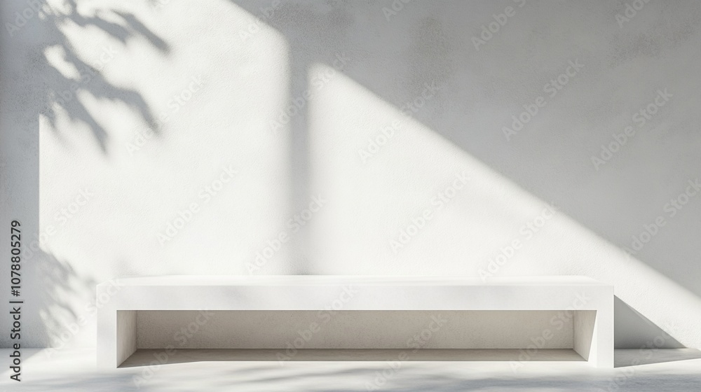 Poster minimalist white shelf against a plain wall, casting soft shadows from natural light filtering throu