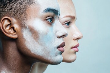 Two human faces  portrait  of diverse race.  Profile view